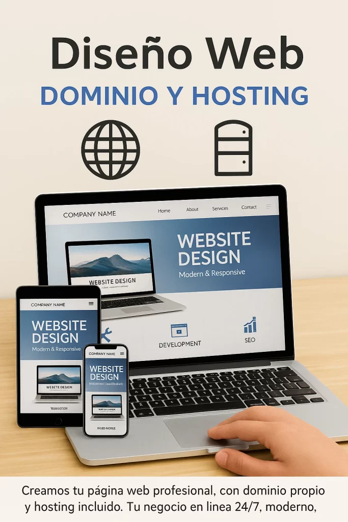 Diseñamos tu web moderna y adaptable, con dominio y hosting incluidos. Visible en laptop, celular y tablet. Tu negocio online, siempre activo.